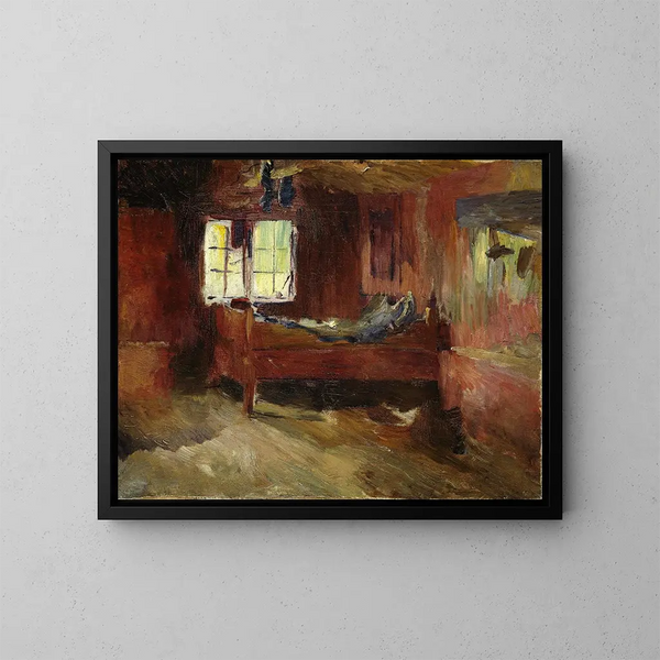 Binnenhuis van boerderij in Strlsjhaugen - Harriet Backer — ingelijst kunstwerk aan de muur