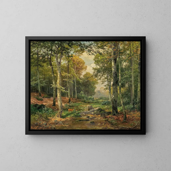 Een zonnig bos met een hert - Heinrich Böhmer — ingelijst kunstwerk aan de muur