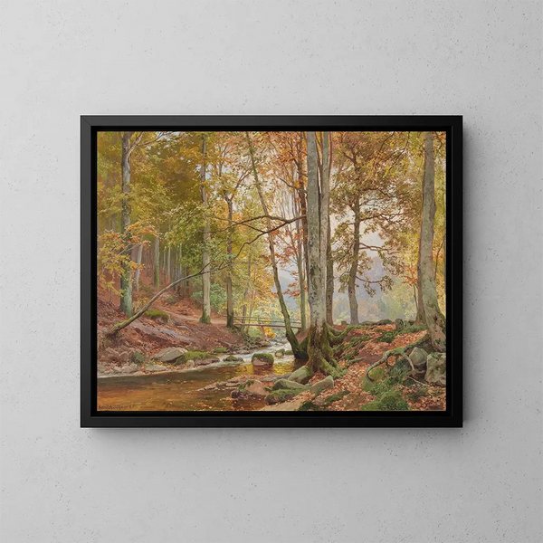 van herfsthout met een brug over een beek - Heinrich Böhmer — ingelijst kunstwerk aan de muur