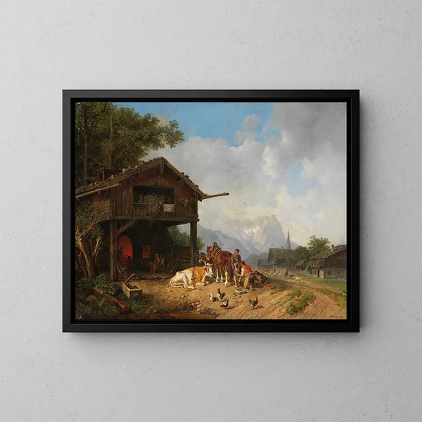 bij de smid in de bergen - Heinrich Bürkel — ingelijst kunstwerk aan de muur