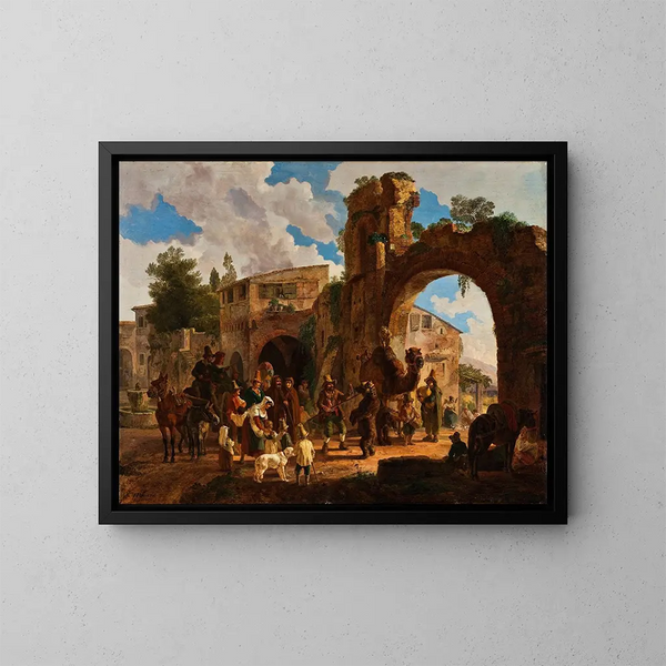 De circusberen komen in een Italiaans dorp - Heinrich Bürkel — ingelijst kunstwerk aan de muur