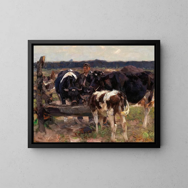 van een herder met koeien bij een drinkbak - Heinrich von Zügel — ingelijst kunstwerk aan de muur