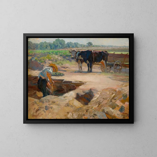 van een turfrotatie met een team van ossen - Heinrich von Zügel — ingelijst kunstwerk aan de muur