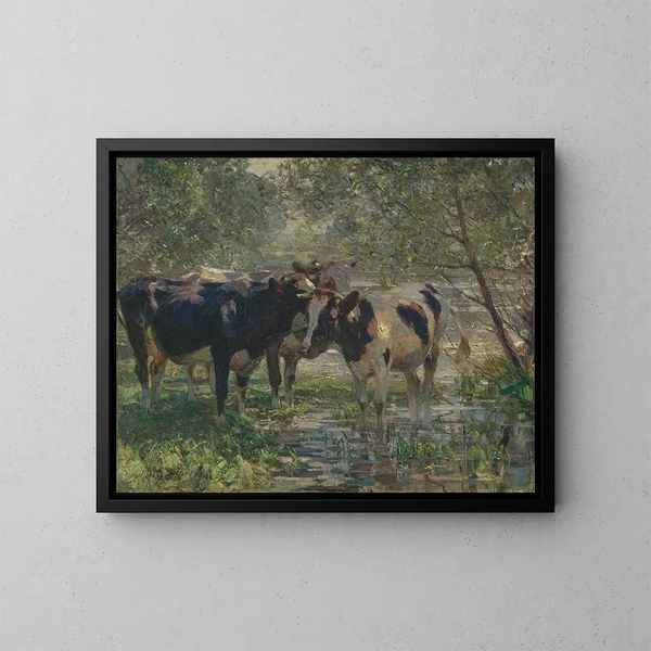 Drie koeien aan de rand van een rivier - Heinrich von Zügel — ingelijst kunstwerk aan de muur