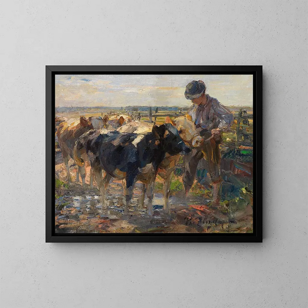 van Bergère avec veaux - Heinrich von Zügel | Schilderij — ingelijst kunstwerk aan de muur