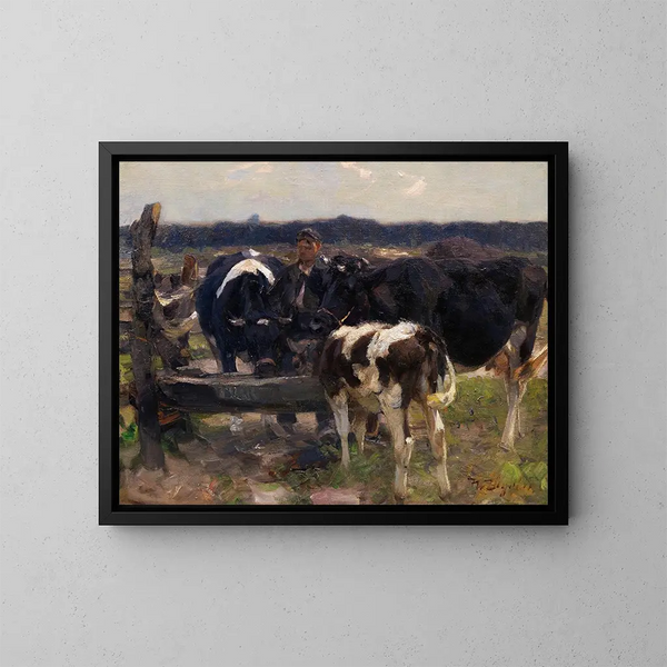 Khe en de herder bij de waterbak - Heinrich von Zügel — ingelijst kunstwerk aan de muur