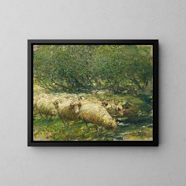 Bergère met een kudde schapen aan de rand van een beek onder de schaduw van de bomen - Heinrich von Zügel — ingelijst kunstwerk aan de muur