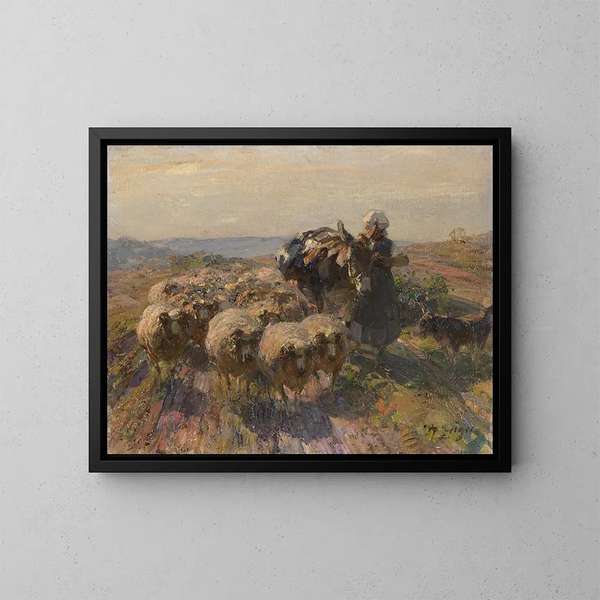 Troupeau de moutons avec bergère et âne dans le champ - Heinrich von Zügel — ingelijst kunstwerk aan de muur