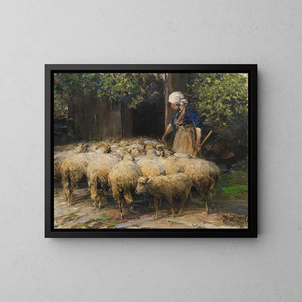 van Bergère avec un troupeau de moutons près de l'étable - Heinrich von Zügel — ingelijst kunstwerk aan de muur
