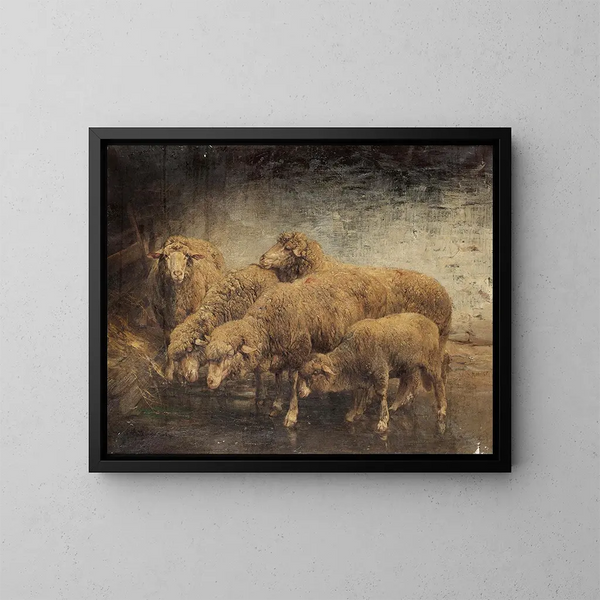 Schapen in een schuur - Heinrich von Zügel — ingelijst kunstwerk aan de muur