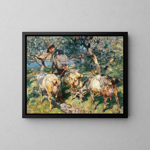 van Bergers avec des chèvres en route vers l'eau - Heinrich von Zügel — ingelijst kunstwerk aan de muur