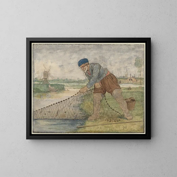 Een visser die zijn net trekt - Hendrick Avercamp — ingelijst kunstwerk aan de muur