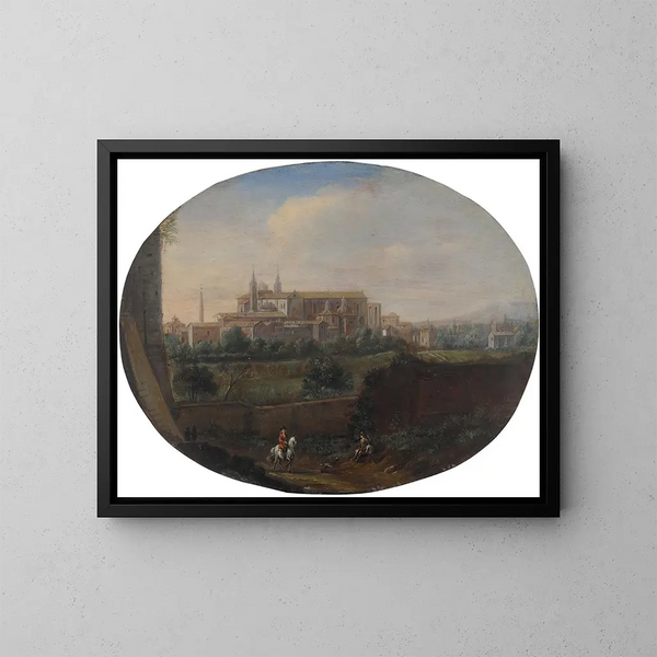 van Rome vanaf een tuin, kijkend naar het zuiden in de richting van San Giovanni in Laterano, uitzicht van achteren - Hendrick Frans van Lint — ingelijst kunstwerk aan de muur
