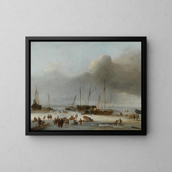 Schaatsen op de dokken in het oosten van Amsterdam - Hendrick Jacobsz Dubbels — ingelijst kunstwerk aan de muur