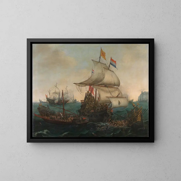 Scheepvaart van Nederlandse schepen die Spaanse galjoenen raken voor de Engelse kust, 3 oktober 1602 - Hendrik Cornelisz Vroom — ingelijst kunstwerk aan de muur