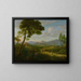 Uitgebreid landschapsschilderij met reizigers op een weg, Romeinse tempels op de achtergrond - Hendrik Frans van Lint — ingelijst kunstwerk aan de muur