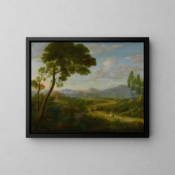 Uitgebreid landschapsschilderij met reizigers op een weg, Romeinse tempels op de achtergrond - Hendrik Frans van Lint — ingelijst kunstwerk aan de muur