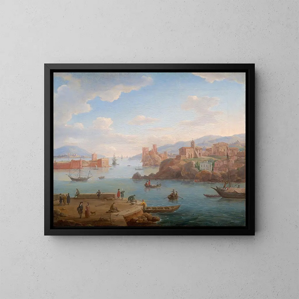 Uitzicht op een Middellandse Zeehaven - Hendrik Frans van Lint — ingelijst kunstwerk aan de muur