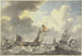 Stormachtige zee, vele schepen varen uit, rechts een vissersboot die een net binnenhaalt - Hendrik Kobell — weergave van het kunstwerk
