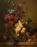 Natuurschilderij met dahlia's, stokrozen en andere bloemen in een glazen vaas - Hendrik Reekers — weergave van het kunstwerk