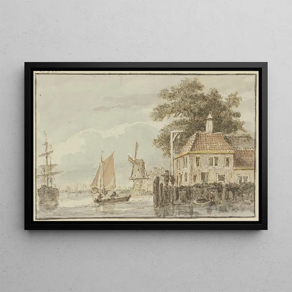 Maison au bord de l'eau et moulin à vent avec plusieurs bateaux - Hendrik Spilman — framed artwork on a wall