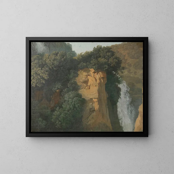 Falaises envahies avec une cascade en Italie, peut-être à Tivoli - Hendrik Voogd — ingelijst kunstwerk aan de muur