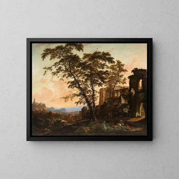 van een uitgestrekt Rijnlandschap met boeren en dieren die rusten in de schaduw van romaanse ruïnes - Hendrik van Minderhout — ingelijst kunstwerk aan de muur