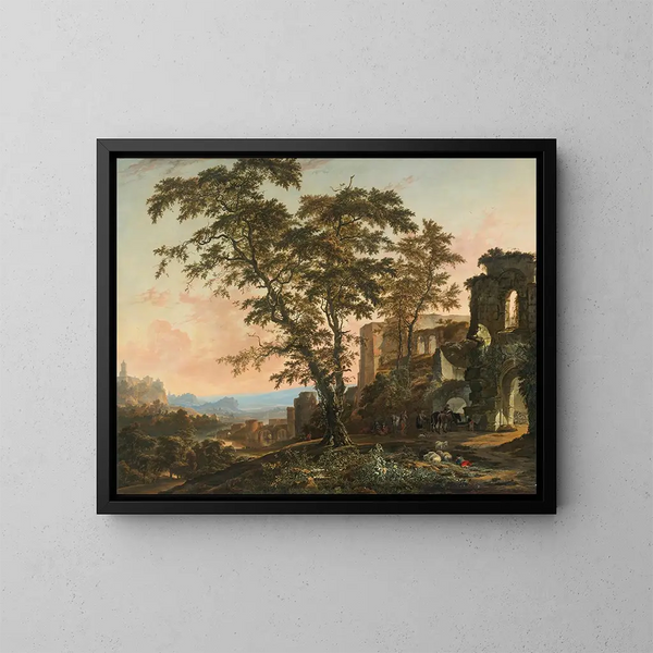 Uitgebreid Rijnlandschap schilderij met boeren en dieren die rusten in de schaduw van romaanse ruïnes - Hendrik van Minderhout — ingelijst kunstwerk aan de muur