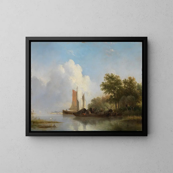 van Boten en schepen aan een beboste oever - Hendrikus van de Sande Bakhuyzen — ingelijst kunstwerk aan de muur
