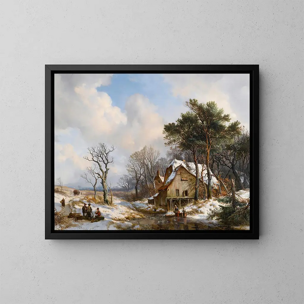 Patineurs sur un ruisseau gelé aux abords d'un village - Hendrikus van de Sande Bakhuyzen — ingelijst kunstwerk aan de muur