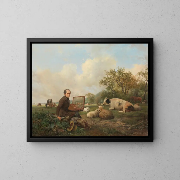 L'artiste peignant une vache dans un pré - Hendrikus van de Sande Bakhuyzen — ingelijst kunstwerk aan de muur
