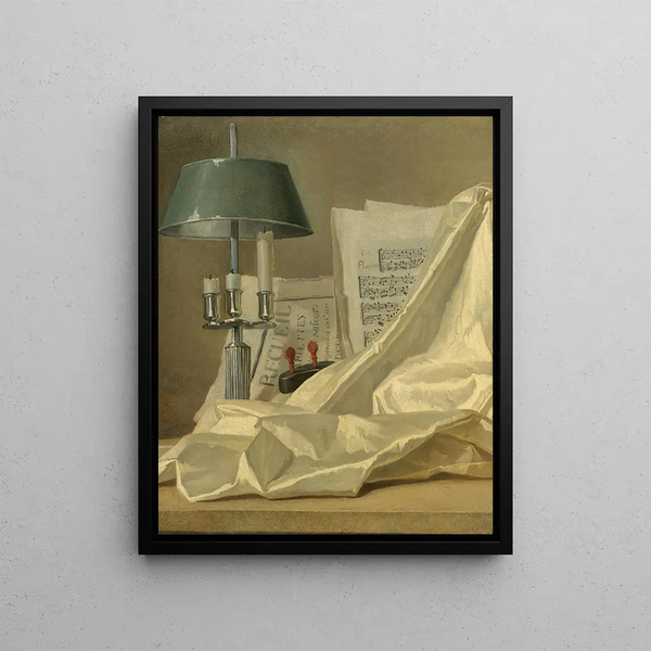 HenriHorace Roland Delaporte - A Still Life With A Bouillette Lamp A Sheet Of Music A Violin Or A Cittern And A White Satin Cloth On A Stone Ledge.webp