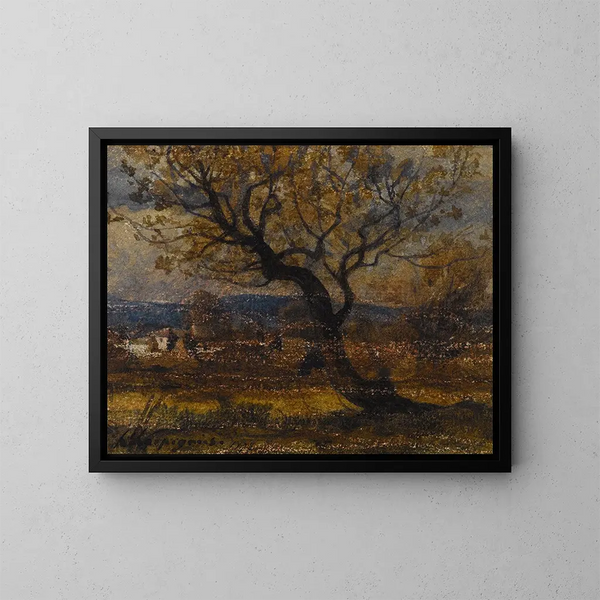 Studie van een struik op de achtergrond van enkele boerderijen - Henri-Joseph Harpignies — ingelijst kunstwerk aan de muur