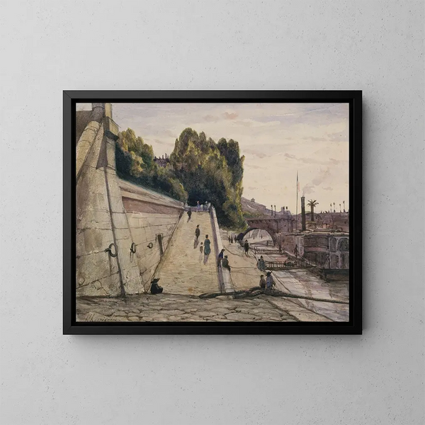 De baden van de Samaritaanse, de Seine aan de kade van het Louvre, 1e arrondissement - Henri-Joseph Harpignies — ingelijst kunstwerk aan de muur