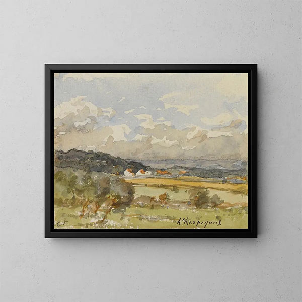 Landschap met enkele boerderijen - Henri-Joseph Harpignies — ingelijst kunstwerk aan de muur