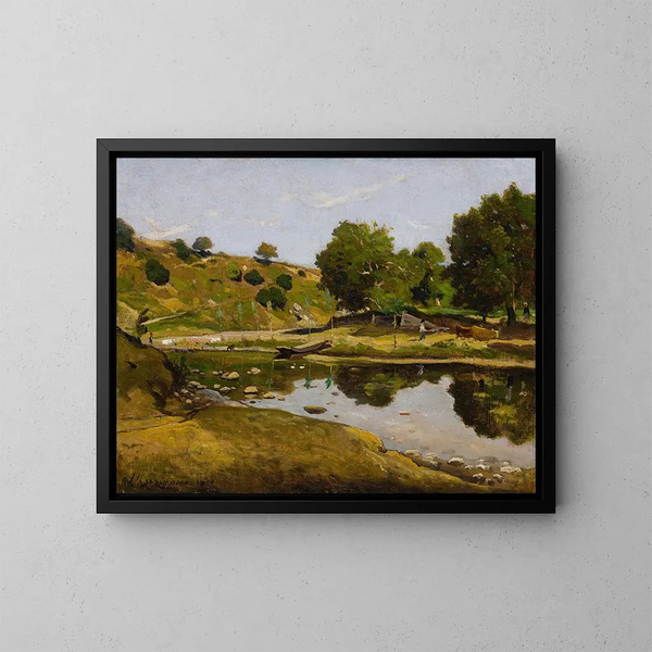 Landschapschilderij met zonlicht - Henri-Joseph Harpignies — ingelijst kunstwerk aan de muur