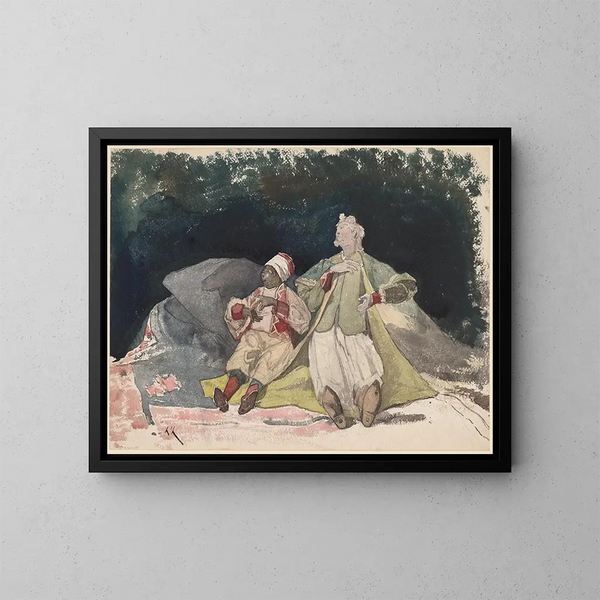 van twee poppen of marionetten zittend op kussens - Henri-Joseph Harpignies — ingelijst kunstwerk aan de muur