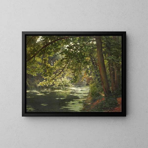 Een beboste rivier in de zon - Henri Biva — ingelijst kunstwerk aan de muur