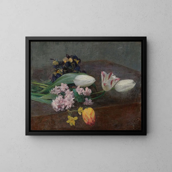 Jacinthen, tulpen en viooltjes gelegd op een tafel - Henri Fantin-Latour — ingelijst kunstwerk aan de muur