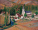 L'église de Labastide-du-Vert avec le pont et la rivière un soir d'automne - Henri Martin — weergave van het kunstwerk