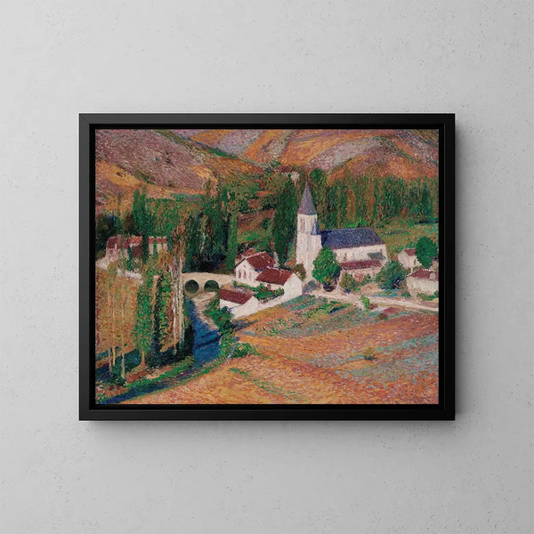 L'église de Labastide-du-Vert avec le pont et la rivière un soir d'automne - Henri Martin — ingelijst kunstwerk aan de muur