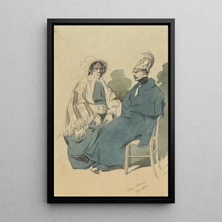 Henry Bonaventure Monnier - Kurassier met helm en blauwe mantel zittend naast een oude dame in reistoilet.webp