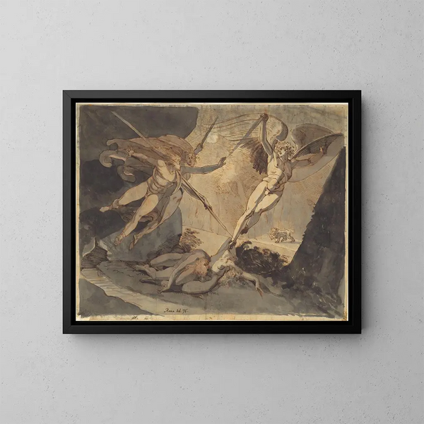 Satan begint met het contact van de lans van Ithuriel - Henry Fuseli — ingelijst kunstwerk aan de muur