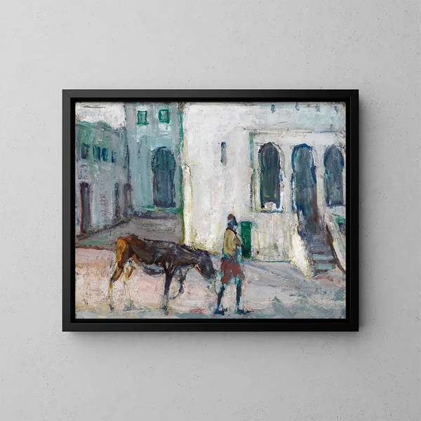 Straatscène in Tanger, man die een kalf rijdt - Henry Ossawa Tanner — ingelijst kunstwerk aan de muur