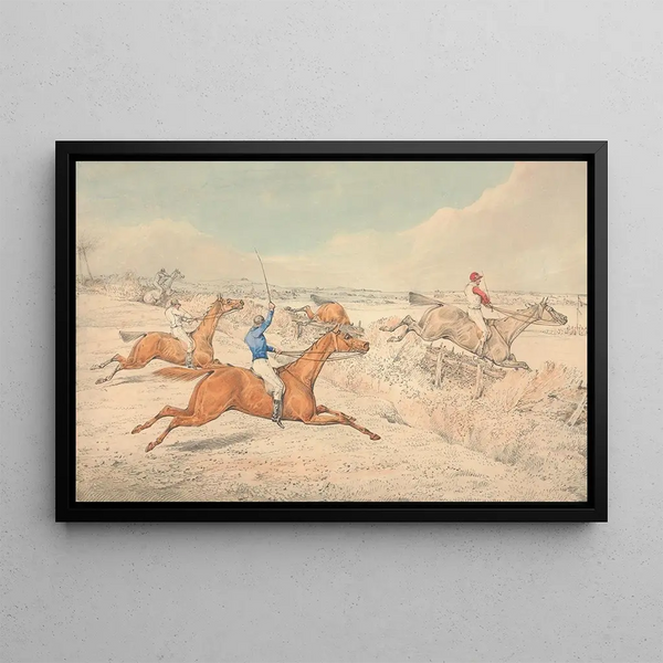 Henry Thomas Alken - Steeplechasing Four Riders Taking a Ditch and an Oxer.webp