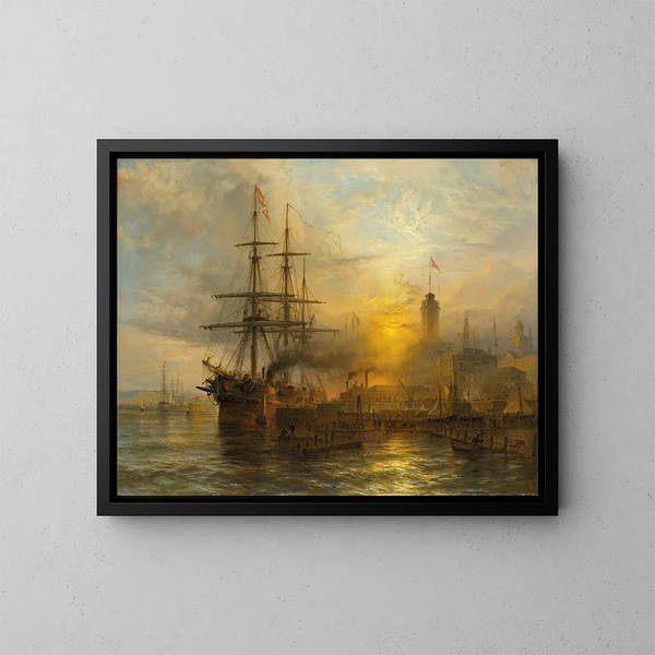 Een Deens stoomschip aangemeerd aan een levendige kade - Henry Thomas Dawson — ingelijst kunstwerk aan de muur