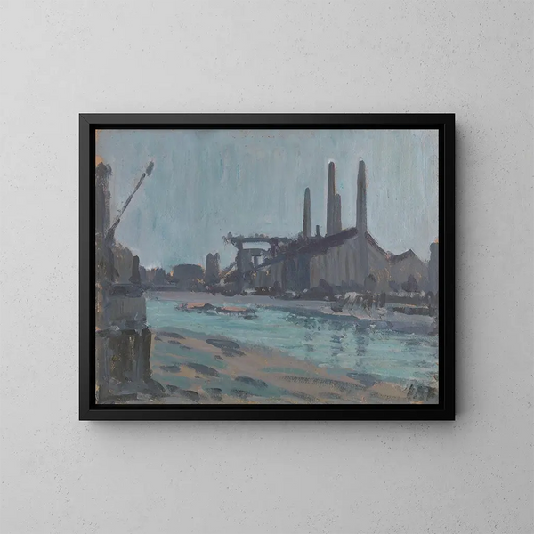Landschap met industriële gebouwen aan de rand van een rivier - Hercules Brabazon Brabazon — ingelijst kunstwerk aan de muur