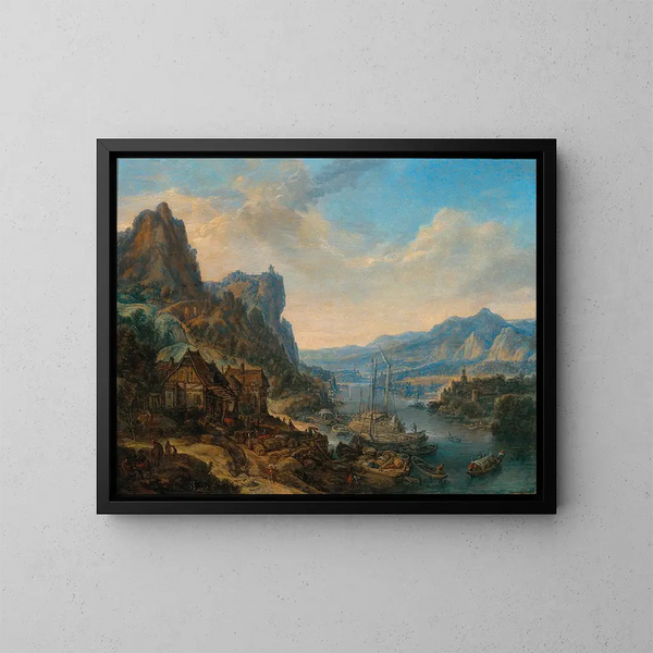 van een Rijns rivierlandschap met handelsvaartuigen - Herman Saftleven — ingelijst kunstwerk aan de muur