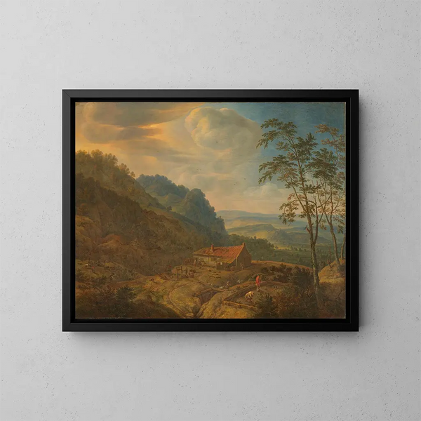 Landschapschilderij met boerderij - Herman Saftleven — ingelijst kunstwerk aan de muur