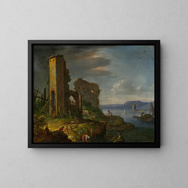 Landschap met rivier, ruïnes, boten en figuren - Herman Saftleven — ingelijst kunstwerk aan de muur